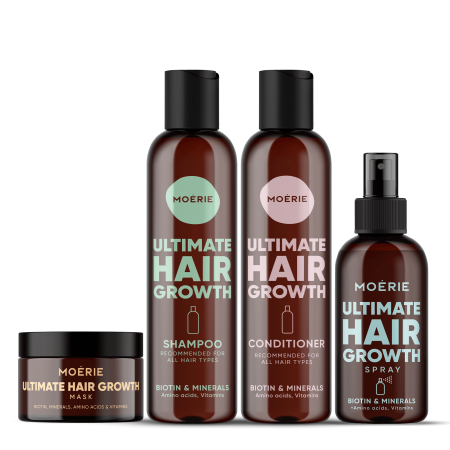 Pachet reparator  pentru cresterea parului cu Spray - Set 4 produse - Moérie Pachet reparator  pentru cresterea parului cu Spray - Set 4 produse - Moérie
